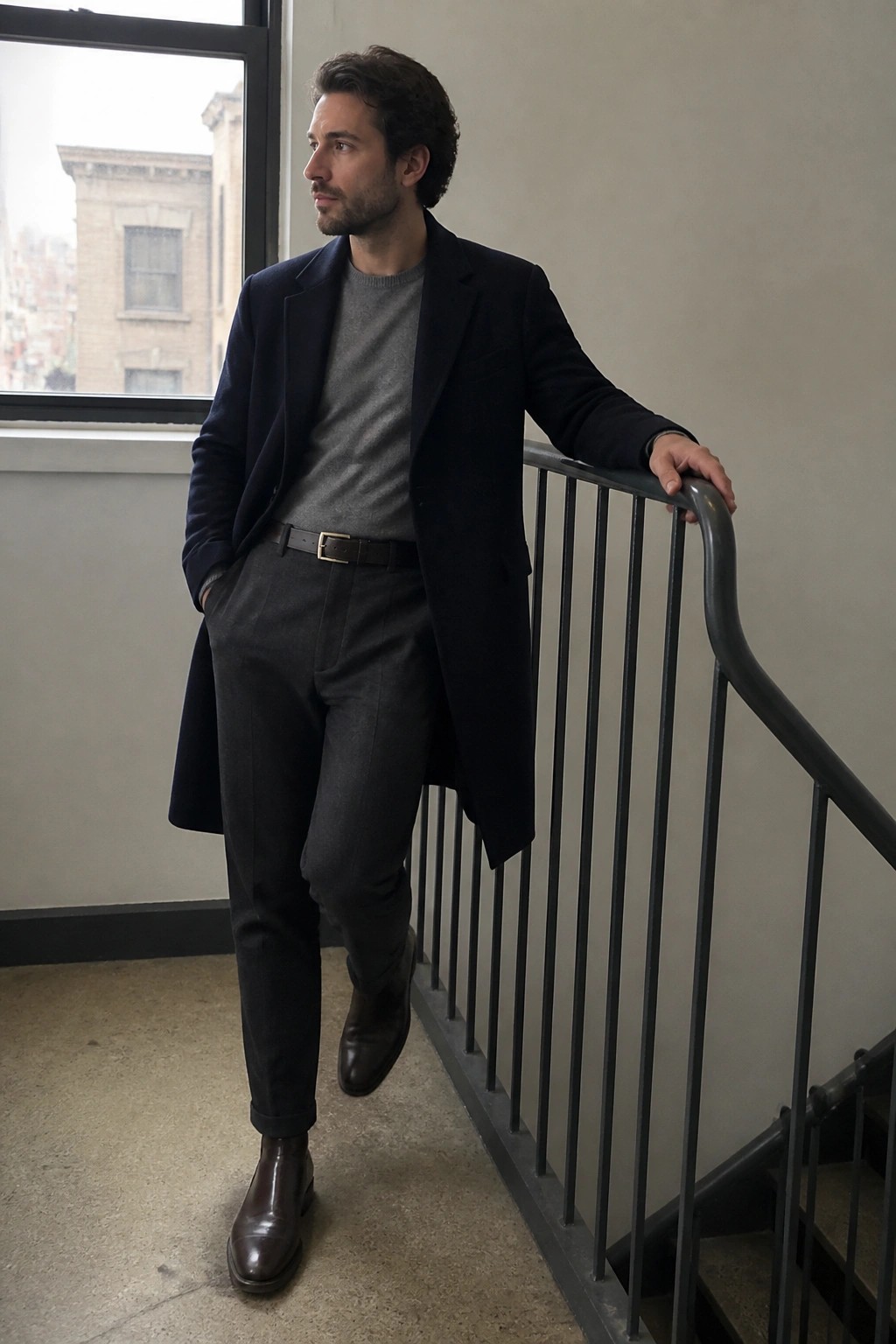 Man in navy overcoat and gray sweater leans on black staircase railing