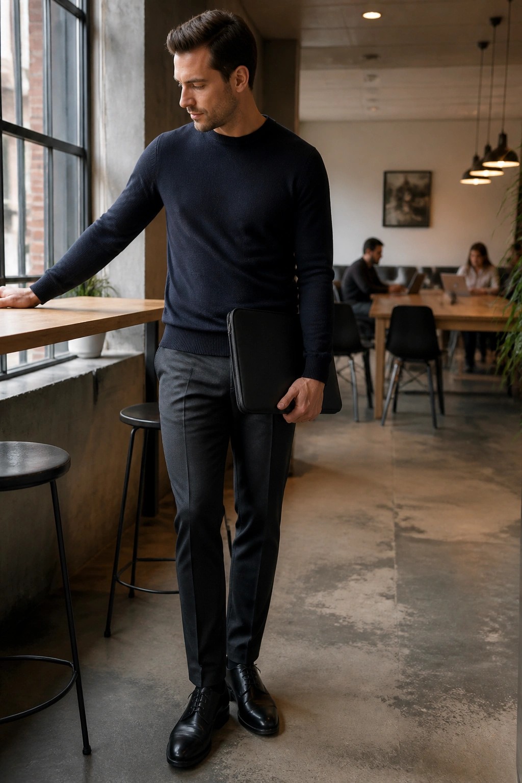 Man in navy sweater holding black laptop case in modern office space