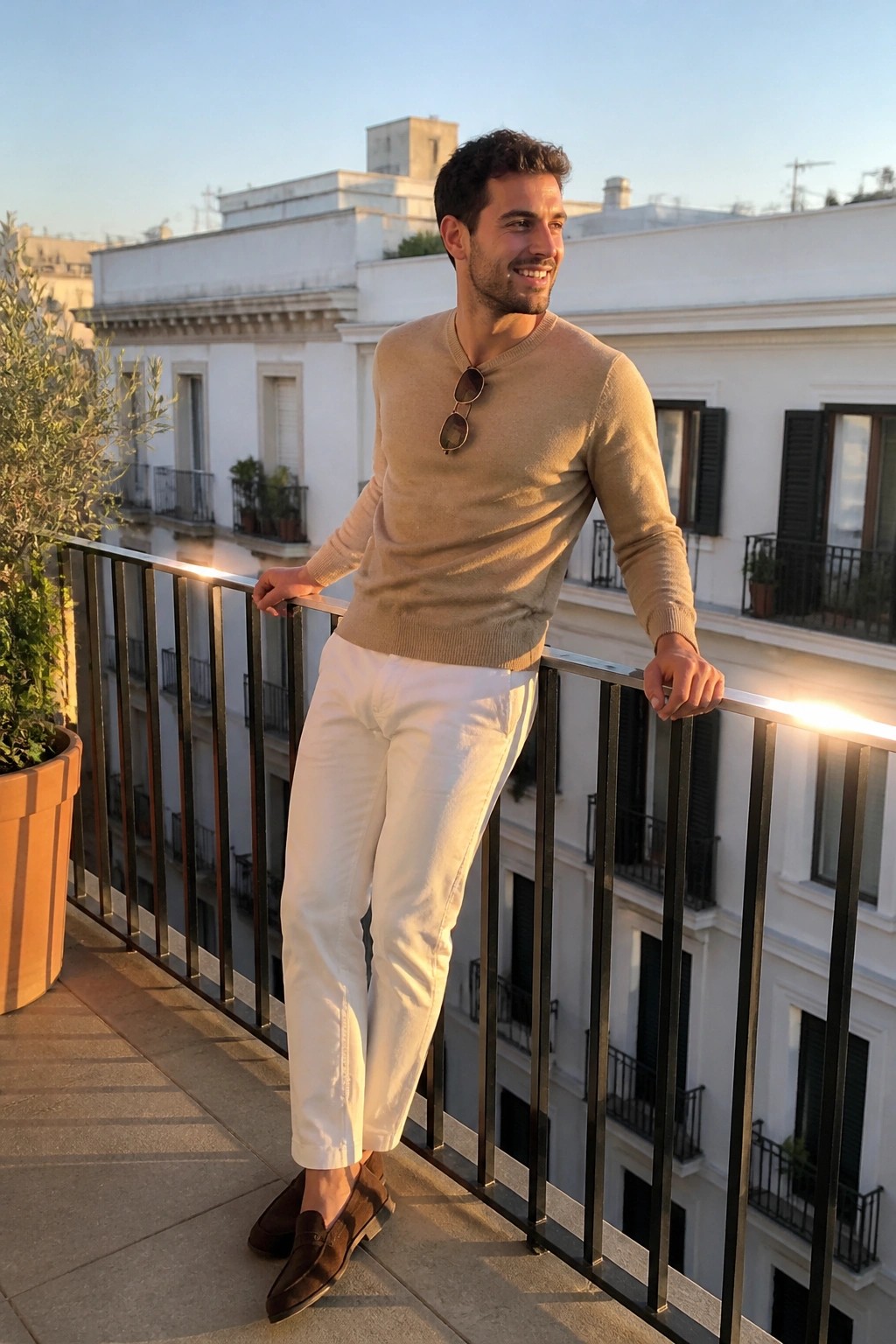 Man in beige sweater and white pants leaning on sunny balcony railing