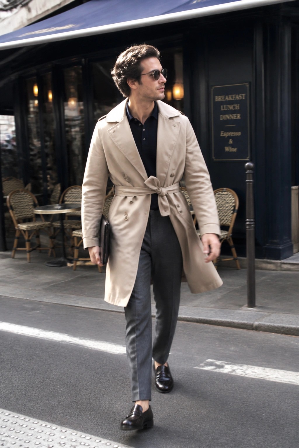 Man in beige trench coat and sunglasses walking past cafe on city sidewalk.