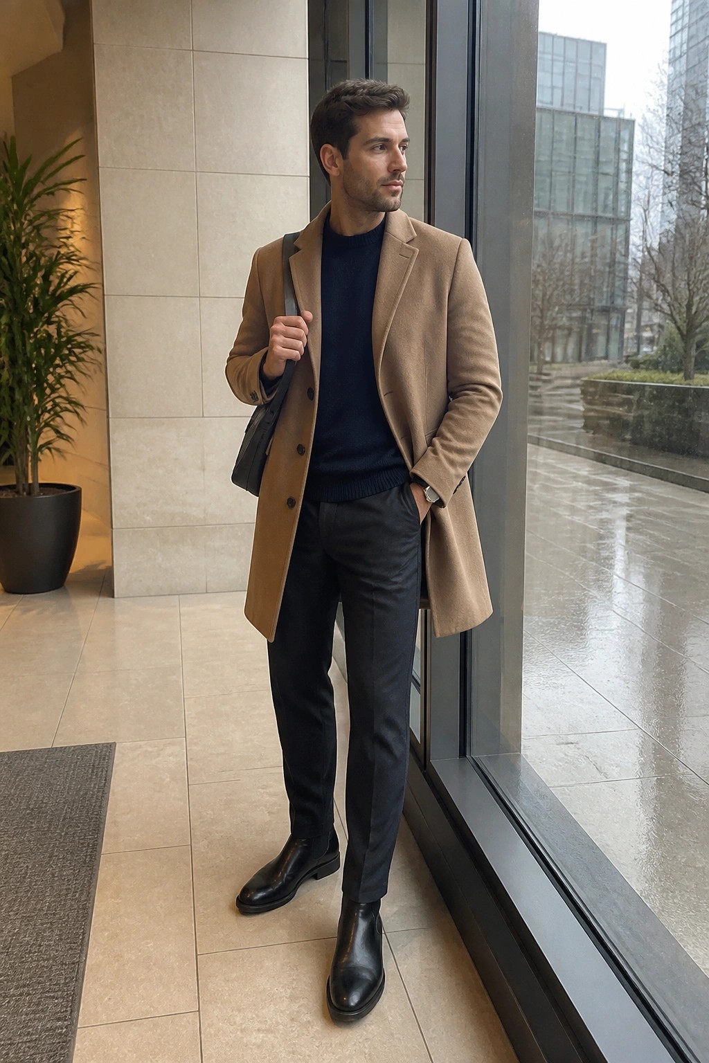 Man in camel overcoat over navy sweater with black pants and boots near window