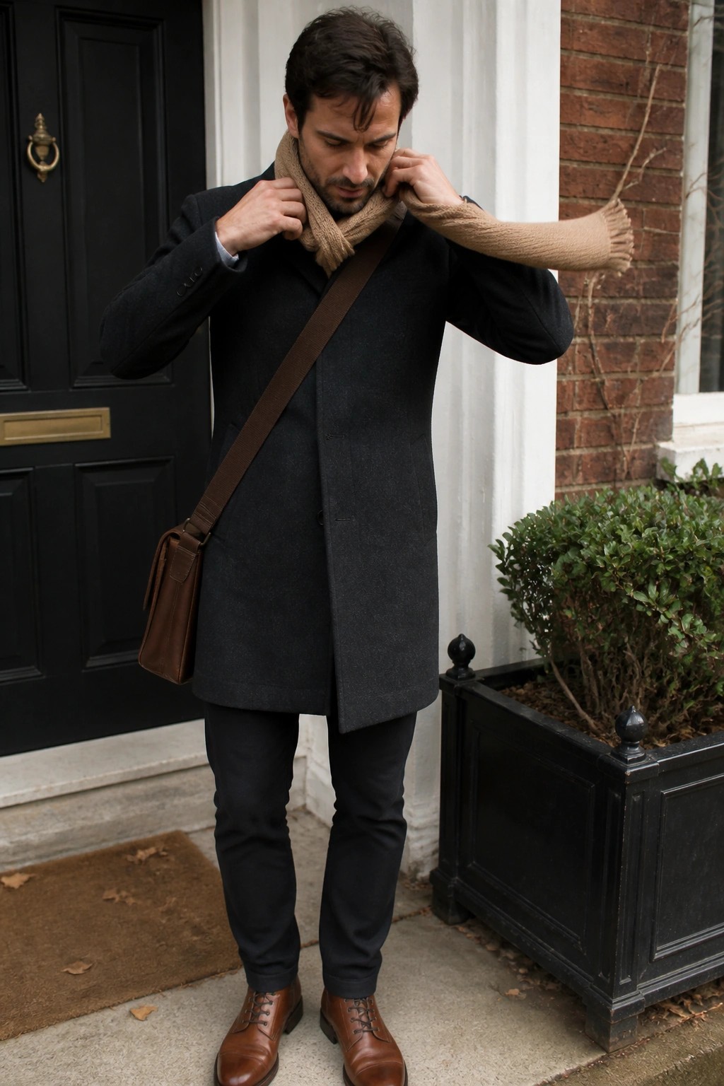 Man in dark coat adjusts beige scarf with brown leather bag outdoors.
