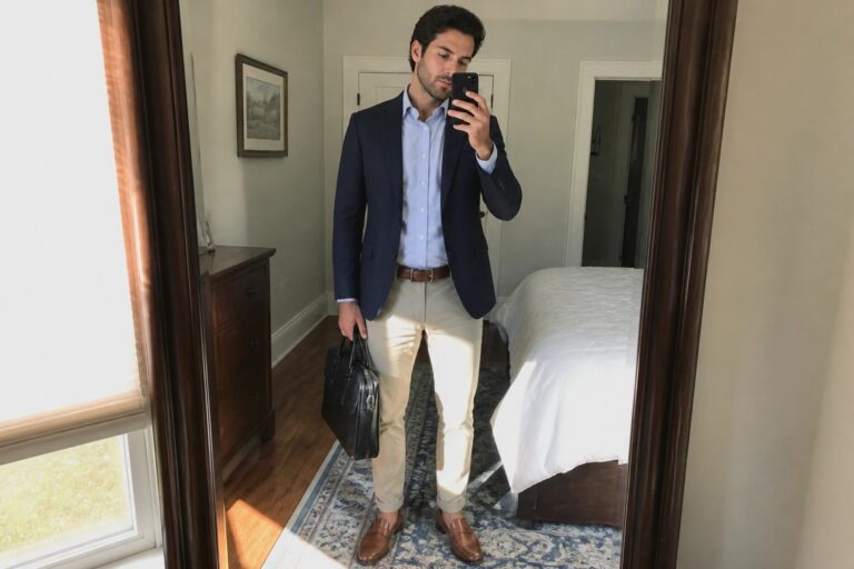 24 Smart Office Outfits for Men Who Want a Polished Business Casual Look Man in navy blazer and khaki pants taking mirror selfie while holding briefcase
