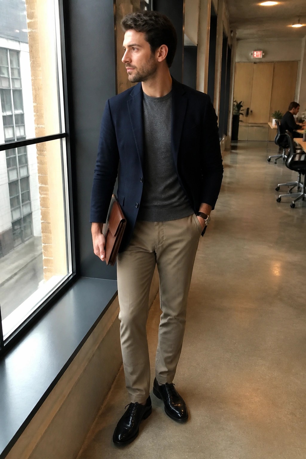 Man in navy blazer over gray sweater holds leather portfolio in modern office