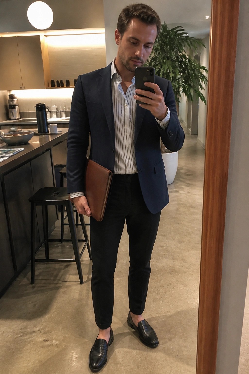 Man in navy blazer checks smartphone while holding brown leather portfolio in modern interior