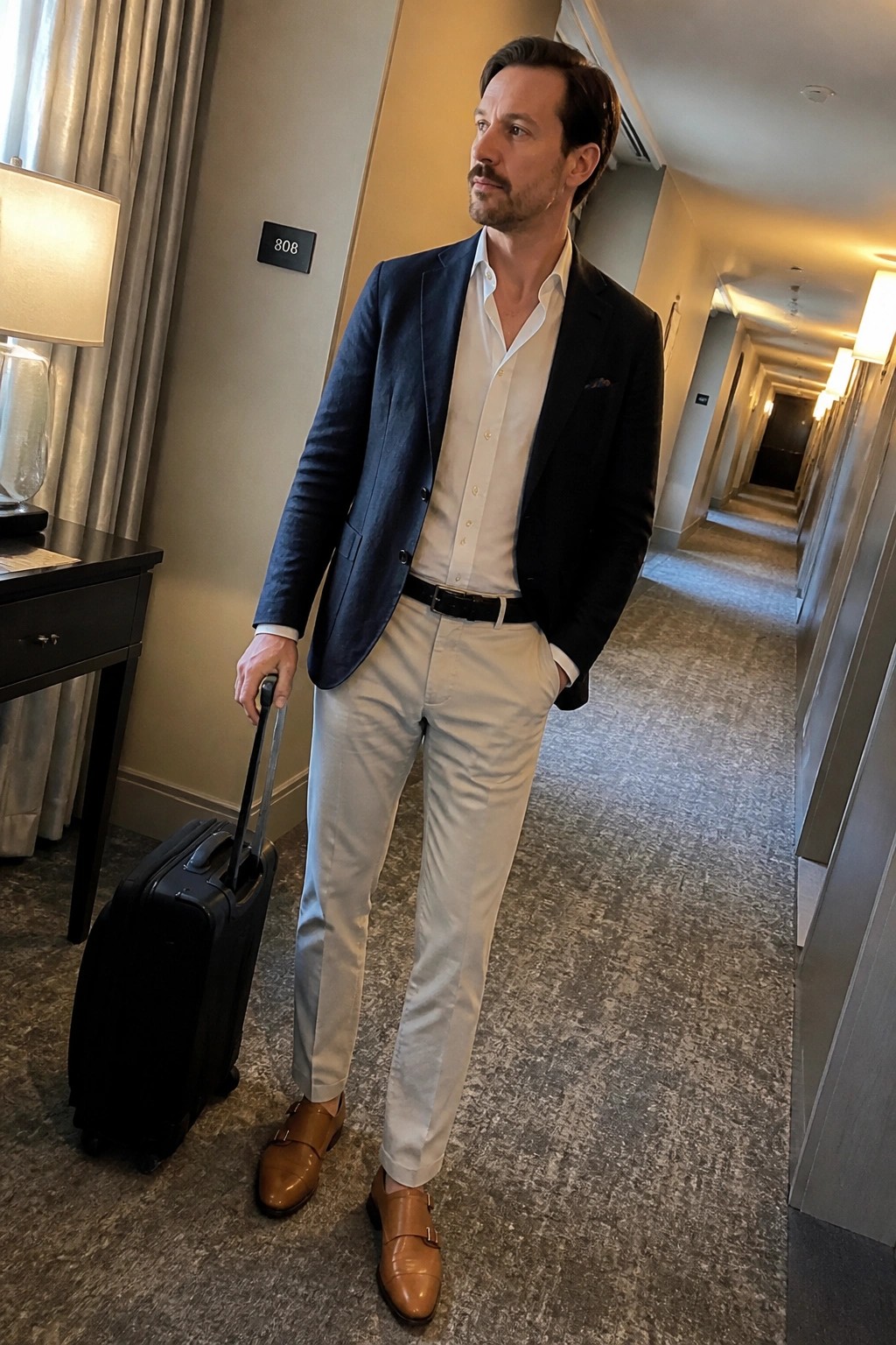 Man in navy blazer, white shirt, and beige pants holding suitcase in hotel hallway
