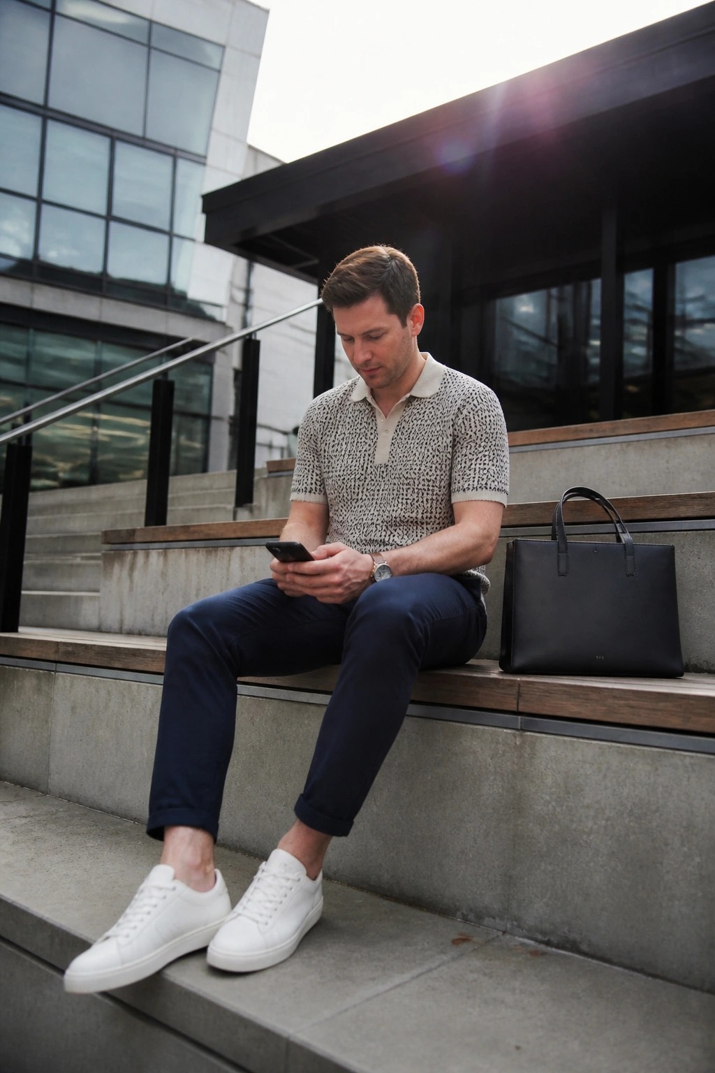 Man in patterned polo shirt checks phone on steps beside black bag in navy pants and white sneakers
