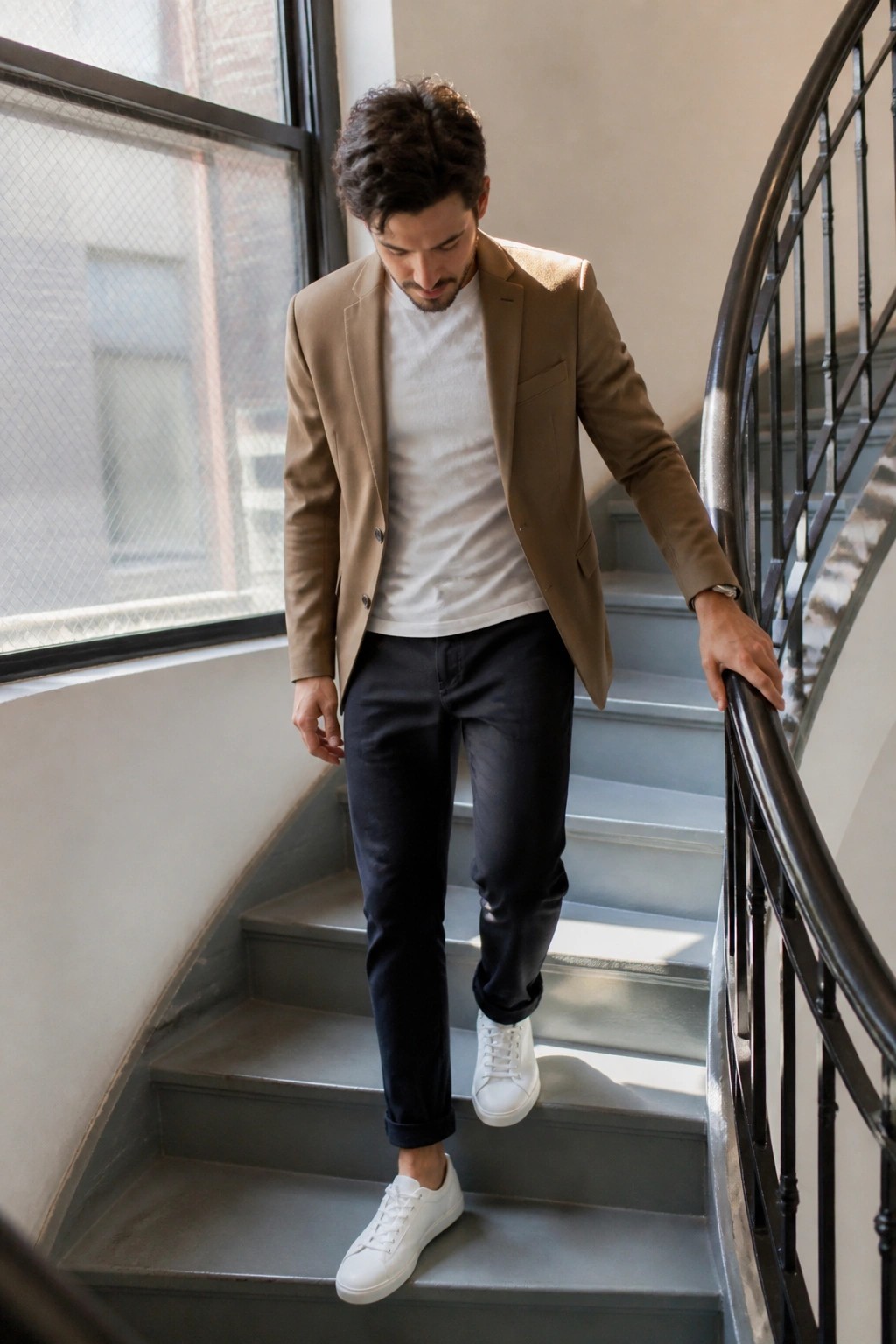 Man in tan blazer descends gray stairs holding black railing, wearing white sneakers