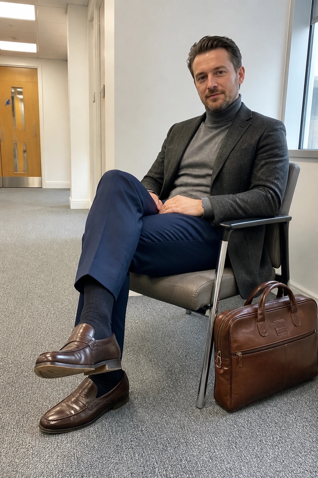 Man in gray blazer and turtleneck seated with legs crossed beside brown briefcase