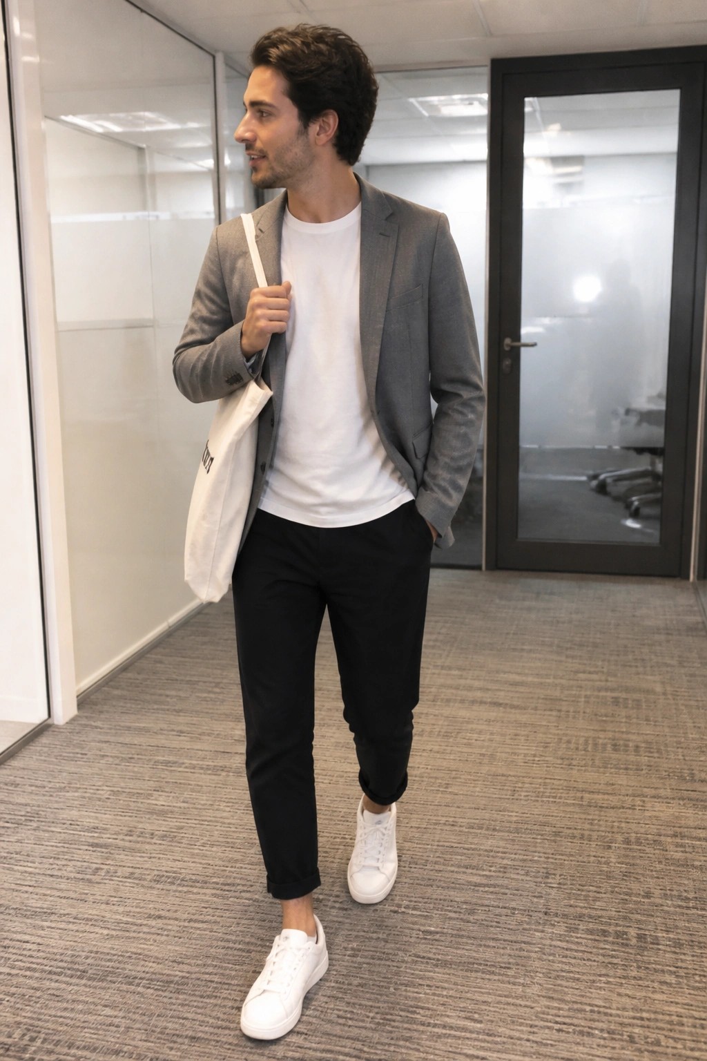 Man in gray blazer, white t-shirt, black pants and sneakers holding tote bag in office.