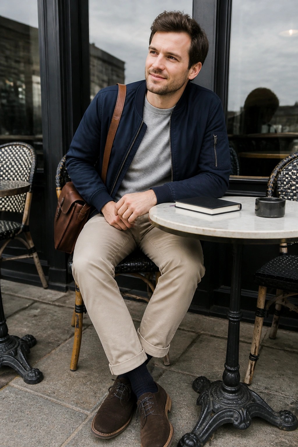 Man in navy bomber jacket and beige pants seated at outdoor marble cafe table with book