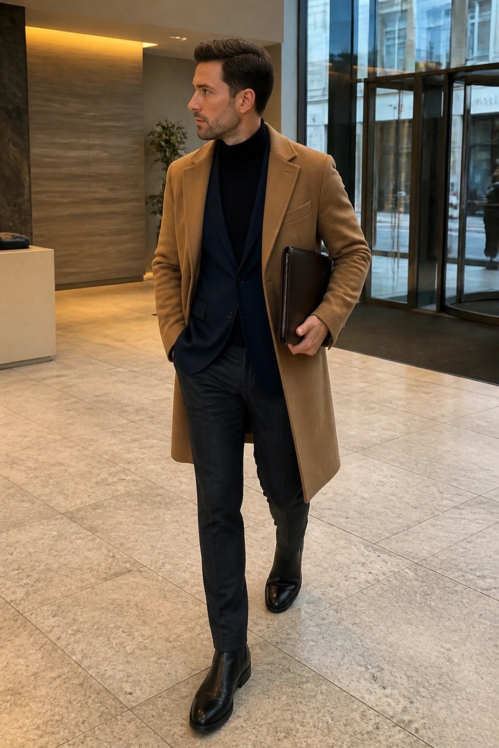 Man in camel overcoat over navy blazer and turtleneck holding leather portfolio in lobby