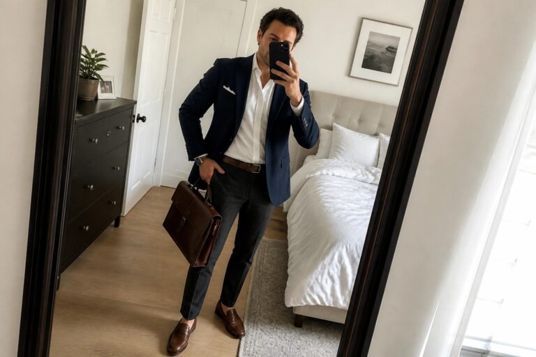 24 Sophisticated Professional Outfits for Men Preparing for Meetings and Client-Facing Days Man in navy blazer and gray trousers taking mirror selfie with brown leather briefcase