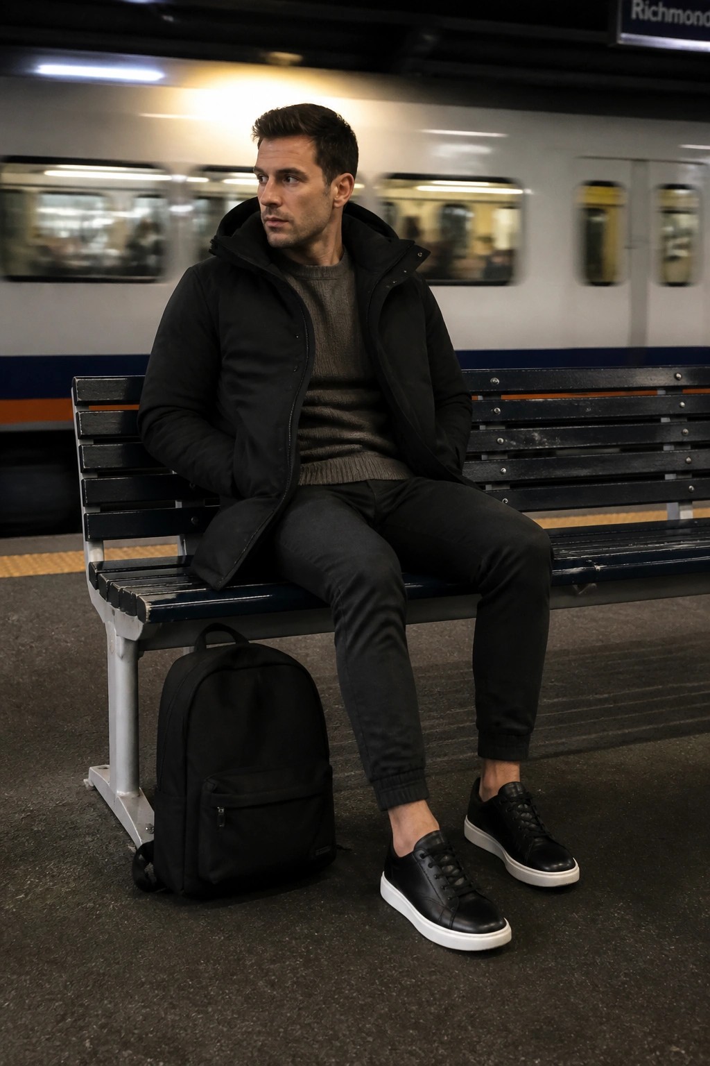 Man in black jacket sits on bench with backpack at train station.