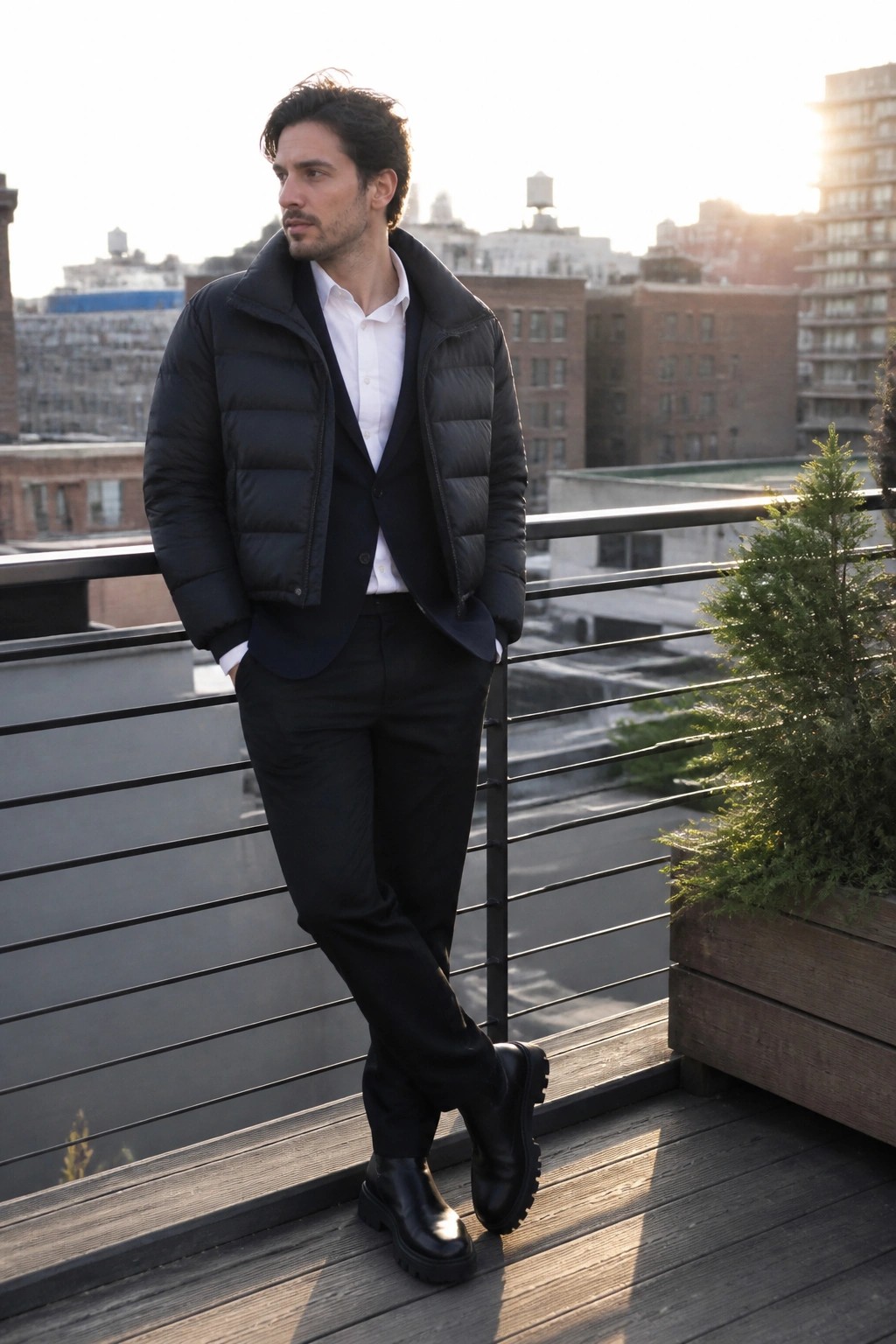 Man in black puffer jacket over suit on city rooftop balcony at sunset