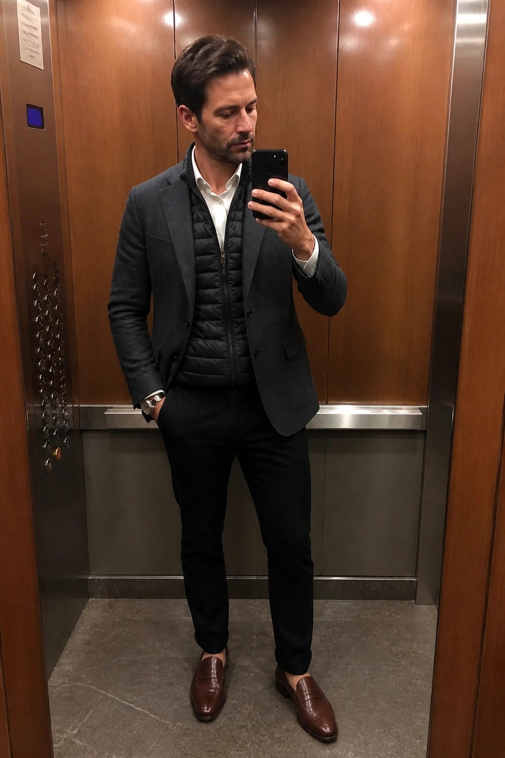 Man in gray blazer over black vest taking selfie in wooden elevator