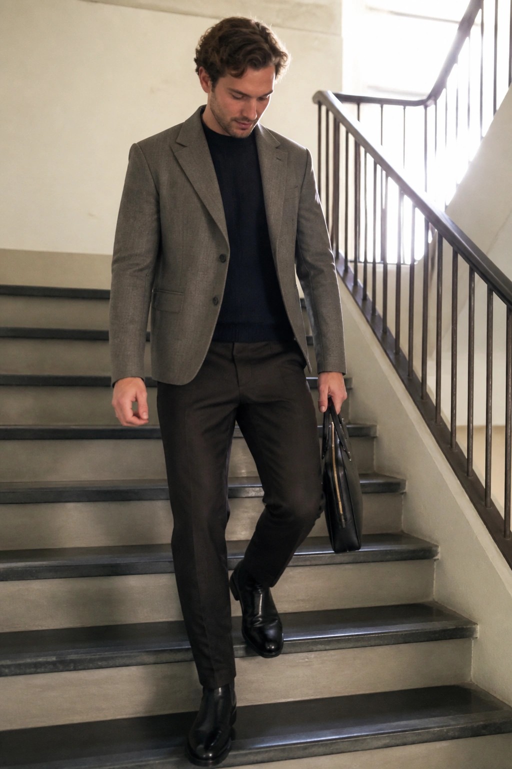 Man in gray blazer descending stairs holding black leather bag in hand