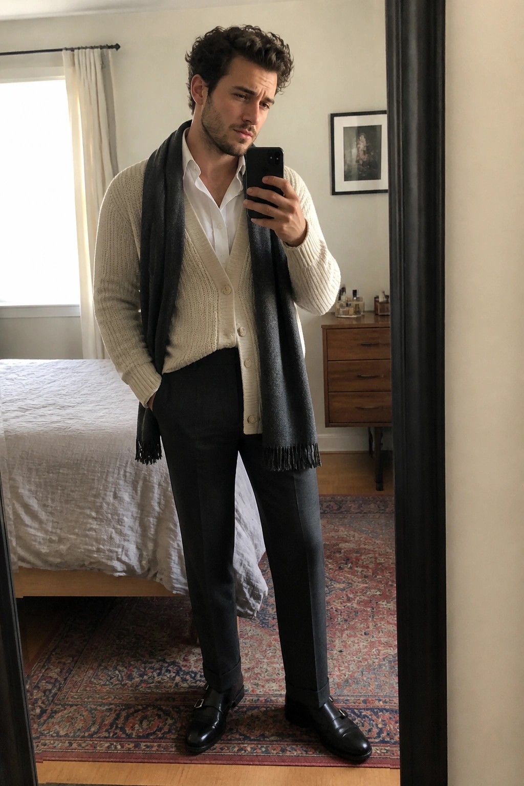 Man in cream cardigan, white shirt, and gray scarf taking bedroom mirror selfie