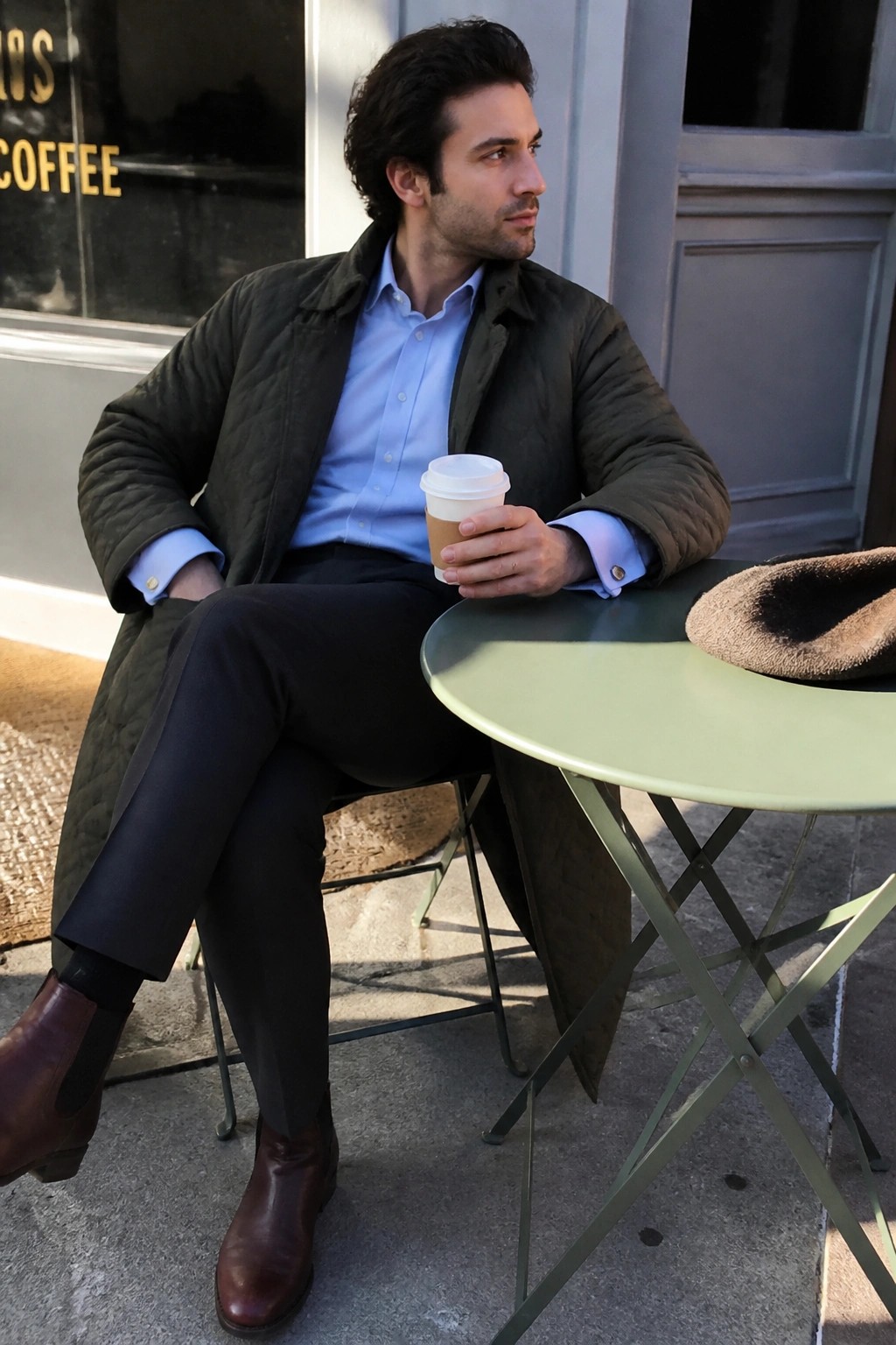 Man in green quilted jacket holds coffee at outdoor table beside brown hat