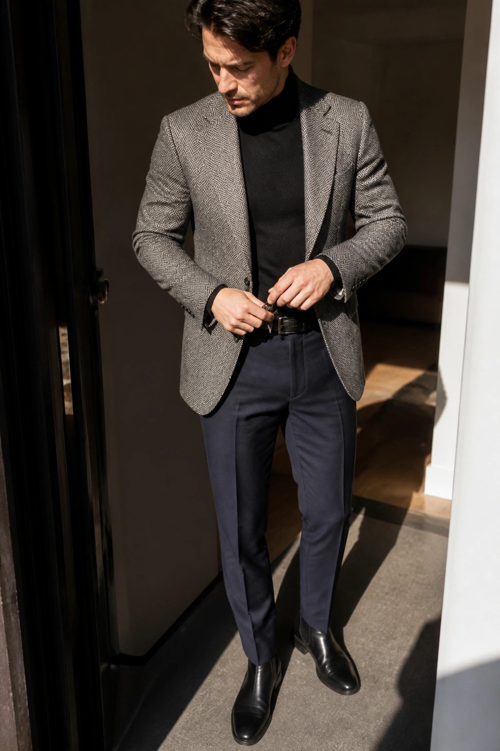 Man in gray herringbone blazer over black turtleneck adjusting belt with navy trousers.