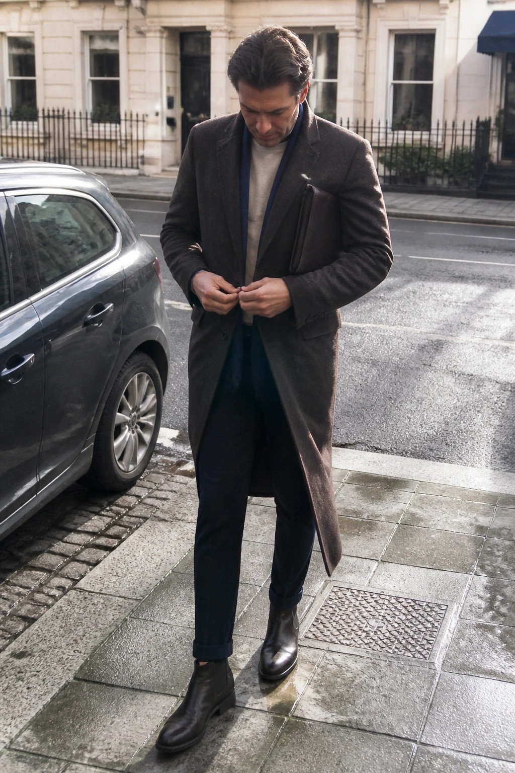 Man in brown overcoat adjusts buttons on wet city sidewalk beside parked car.