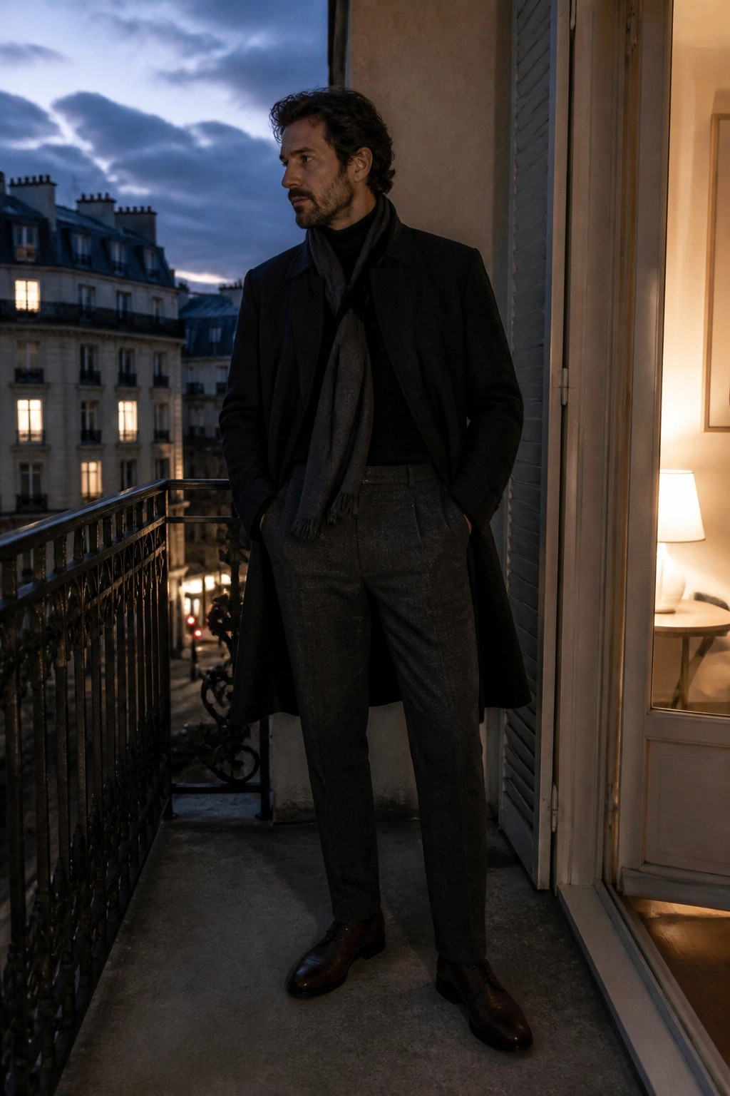 Man in dark overcoat and gray scarf on balcony at dusk