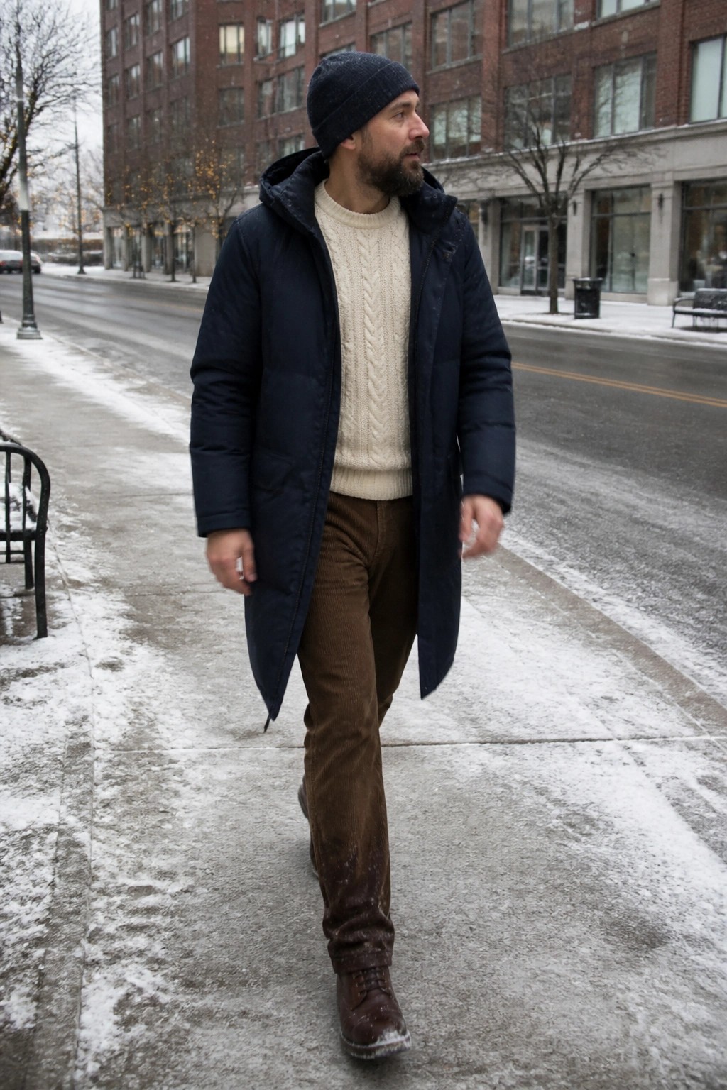 Bearded man in navy parka over cream cable-knit sweater walks snowy city sidewalk