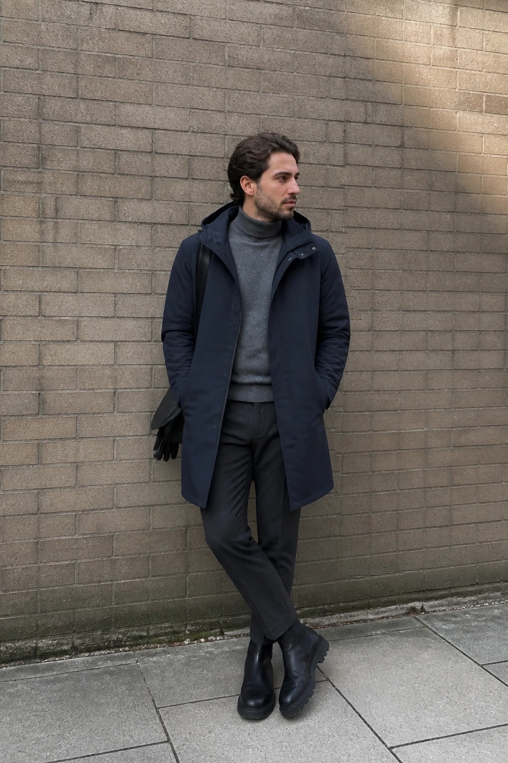 Man in navy parka over gray turtleneck stands by brick wall in black boots