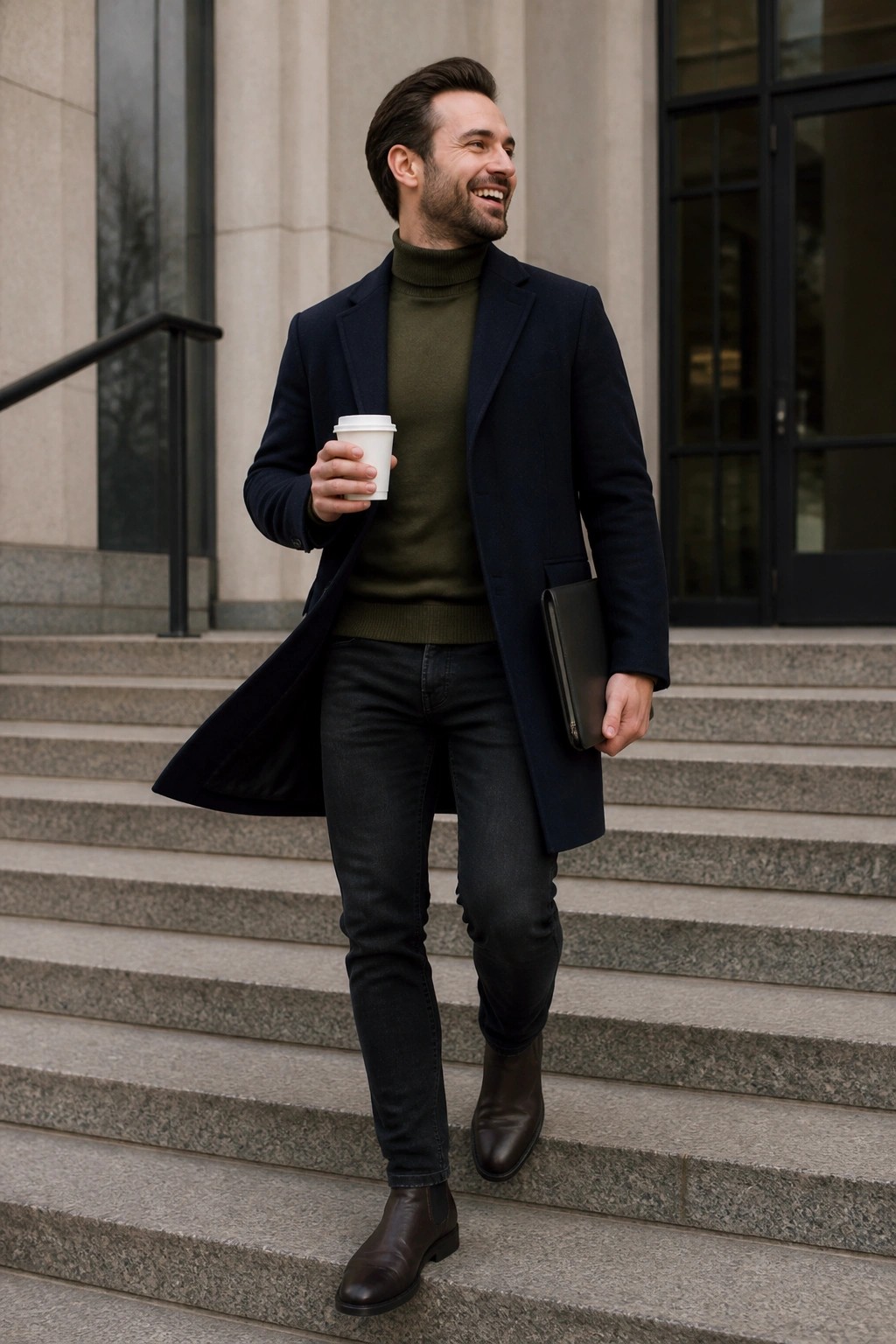 Smiling man in navy overcoat over green turtleneck on stone steps with coffee and laptop