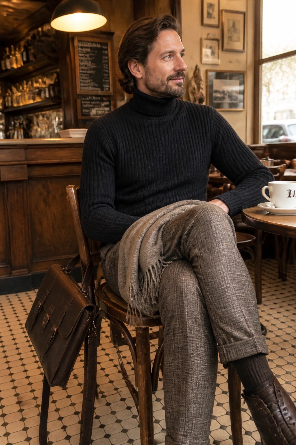 Man in black turtleneck and gray pants seated in cafe with leather bag.