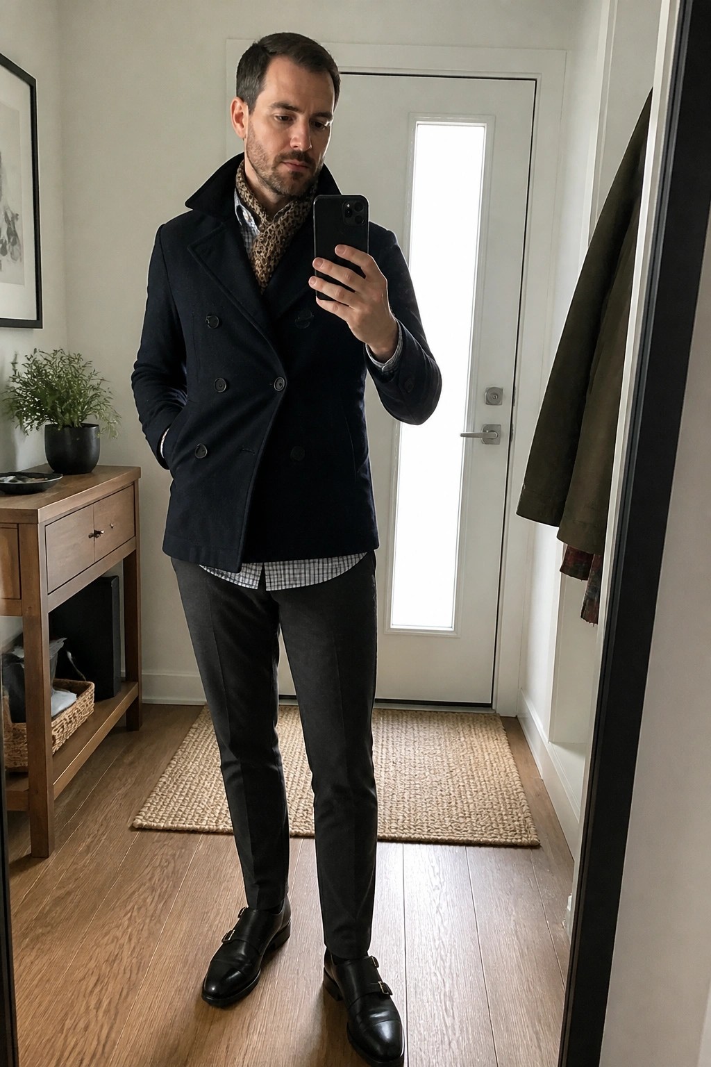 Man in navy peacoat and gray trousers taking mirror selfie indoors