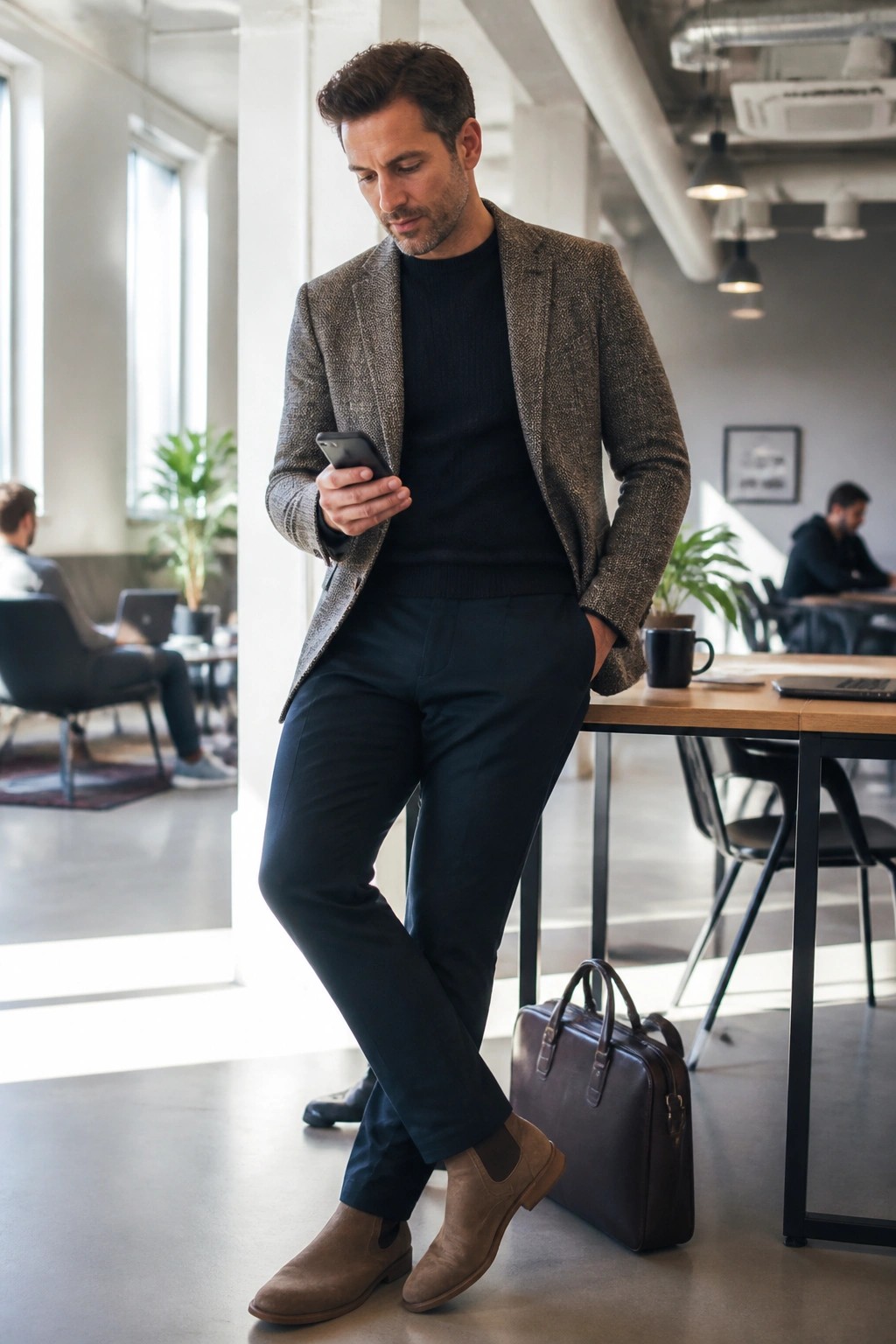 Man in brown tweed blazer checks phone beside wooden table with leather briefcase.
