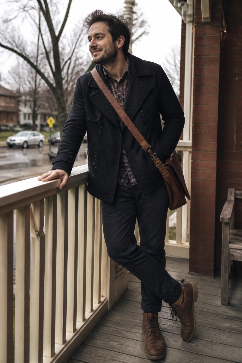 Man in dark peacoat with brown messenger bag leaning on wooden porch railing