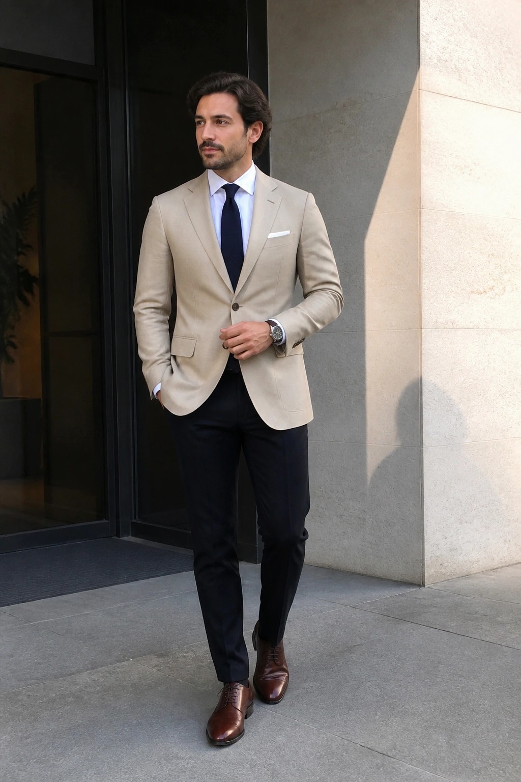 Man in beige suit, navy tie, and brown shoes at stone building entrance