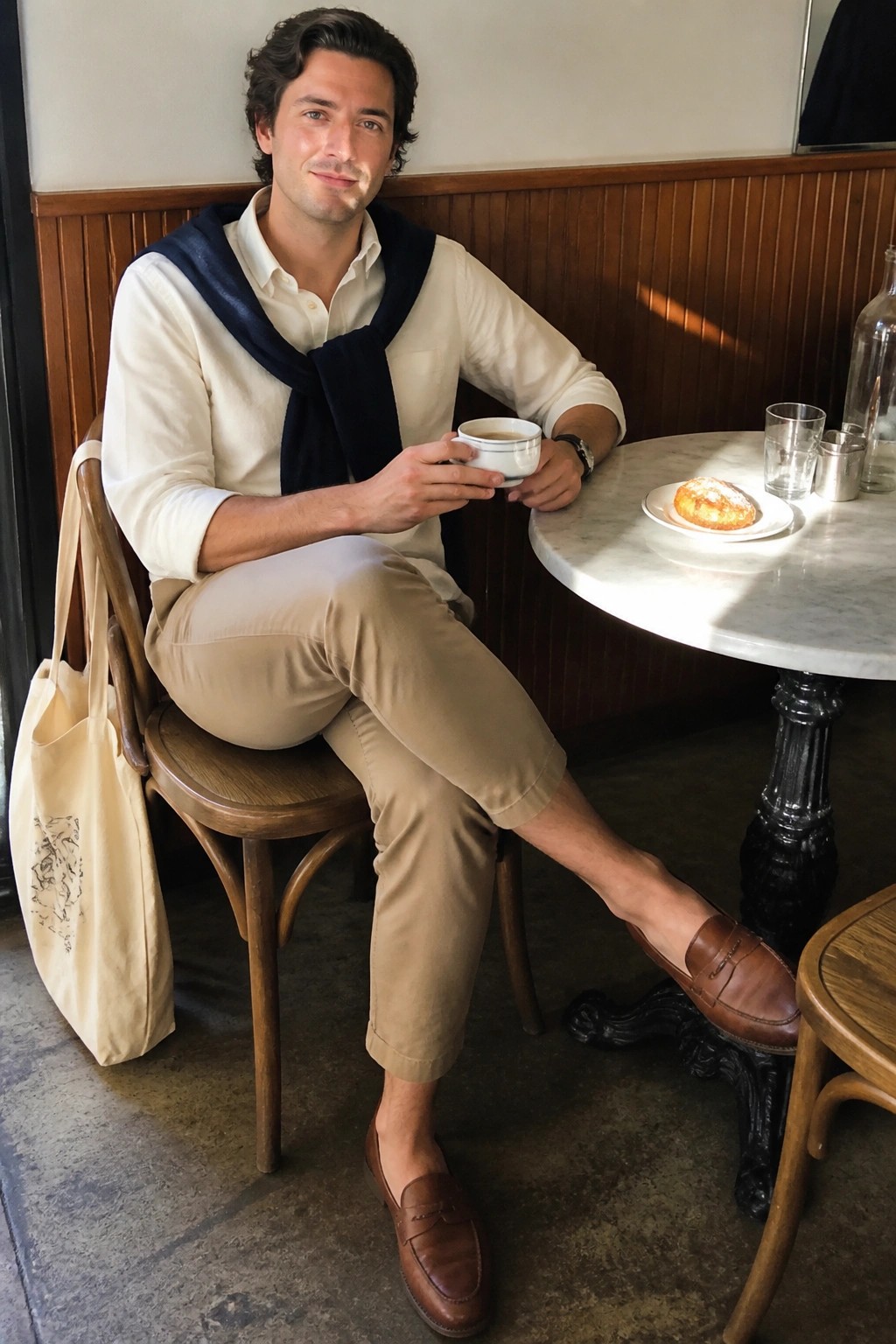 Man in white shirt and beige pants holds coffee beside pastry at cafe table