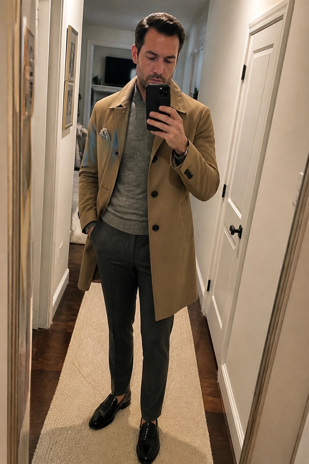 Man in a tan double-breasted coat over a gray sweater, dark trousers, and black loafers, holding a phone for a mirror selfie in a hallway.