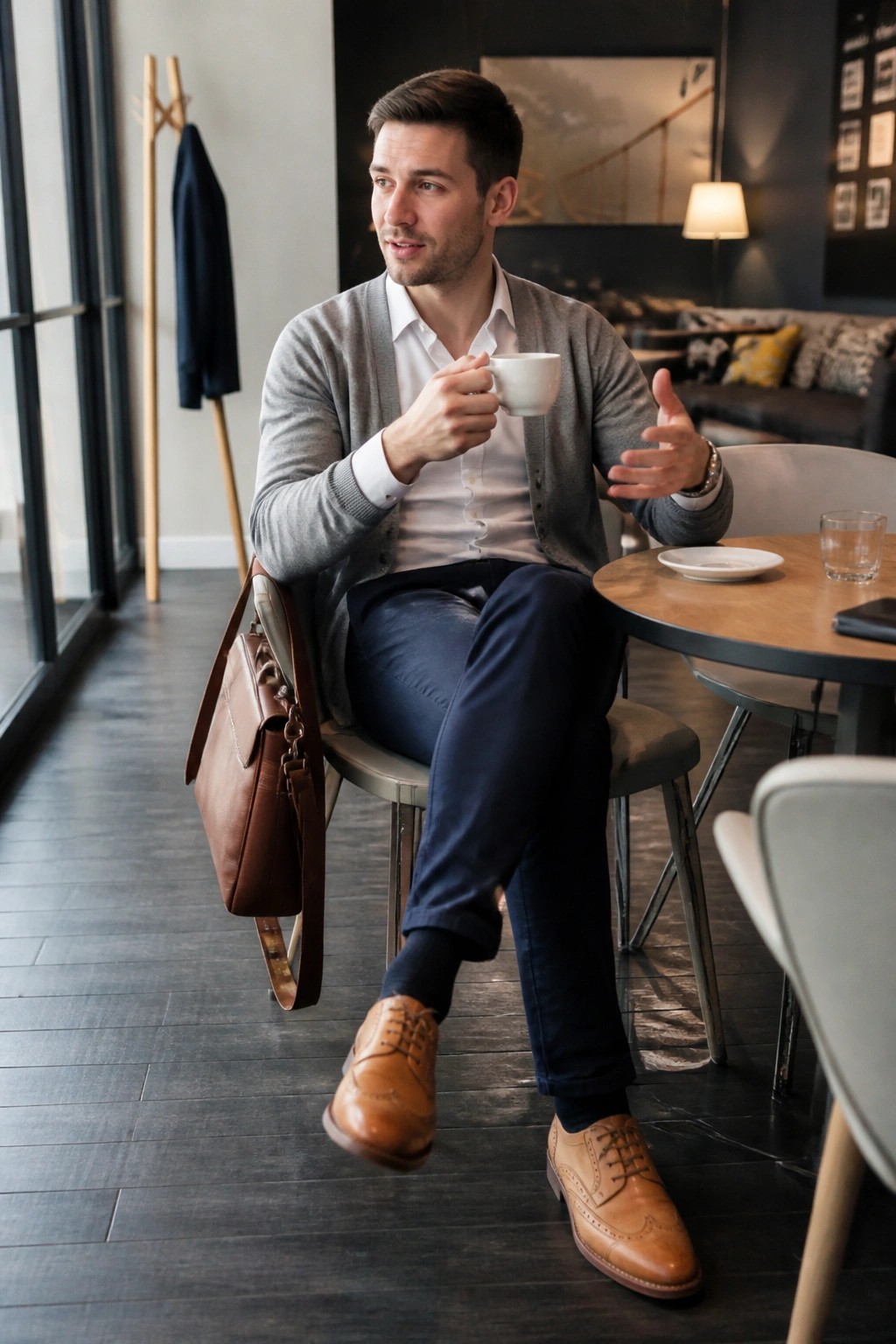 Man in gray cardigan holds coffee while gesturing in modern cafe