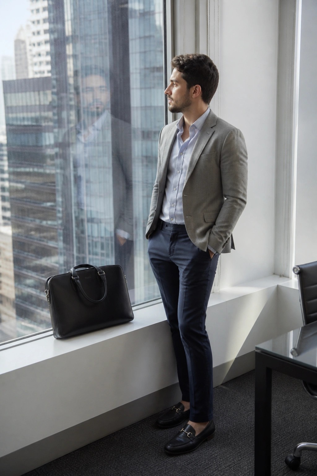 Man in gray blazer stands by office window with black briefcase on sill