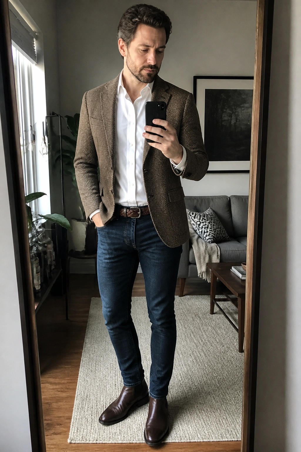 Man in brown herringbone blazer, white shirt, and jeans taking mirror selfie