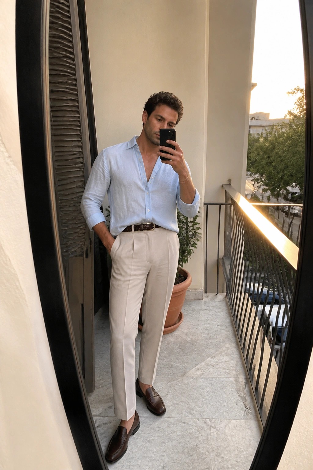 Man in light blue shirt and beige trousers taking balcony mirror selfie