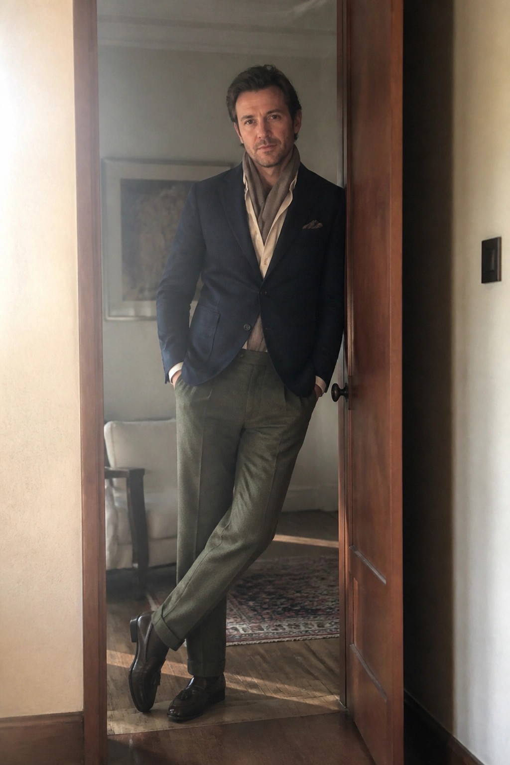 Man in navy blazer and olive trousers leaning in wooden doorway