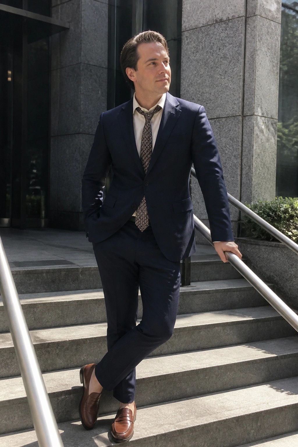 Man in navy suit and brown loafers on stone building steps with hand on railing