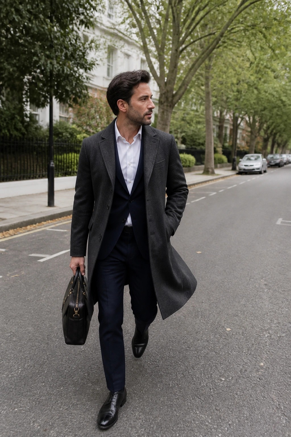 Man in gray overcoat over navy suit carrying briefcase on tree-lined street