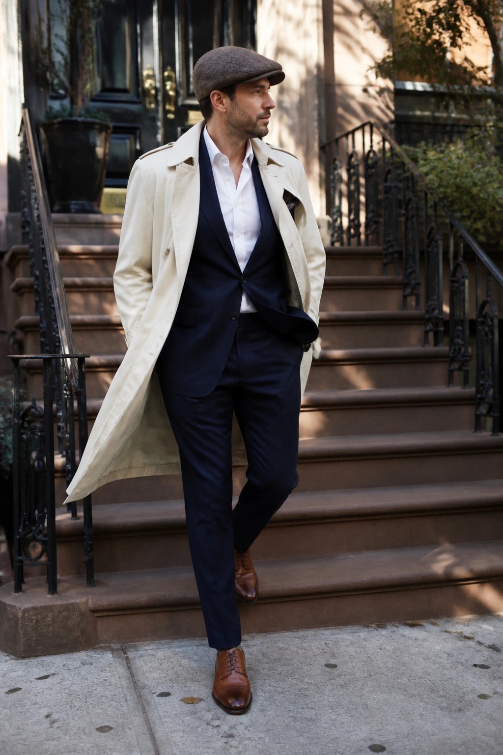 Man in beige trench coat over navy suit and flat cap on stone steps