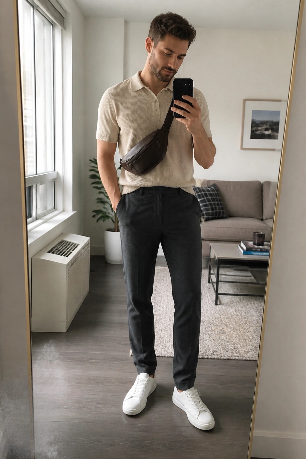 Man in beige polo, dark pants and white sneakers with brown sling bag taking mirror selfie.