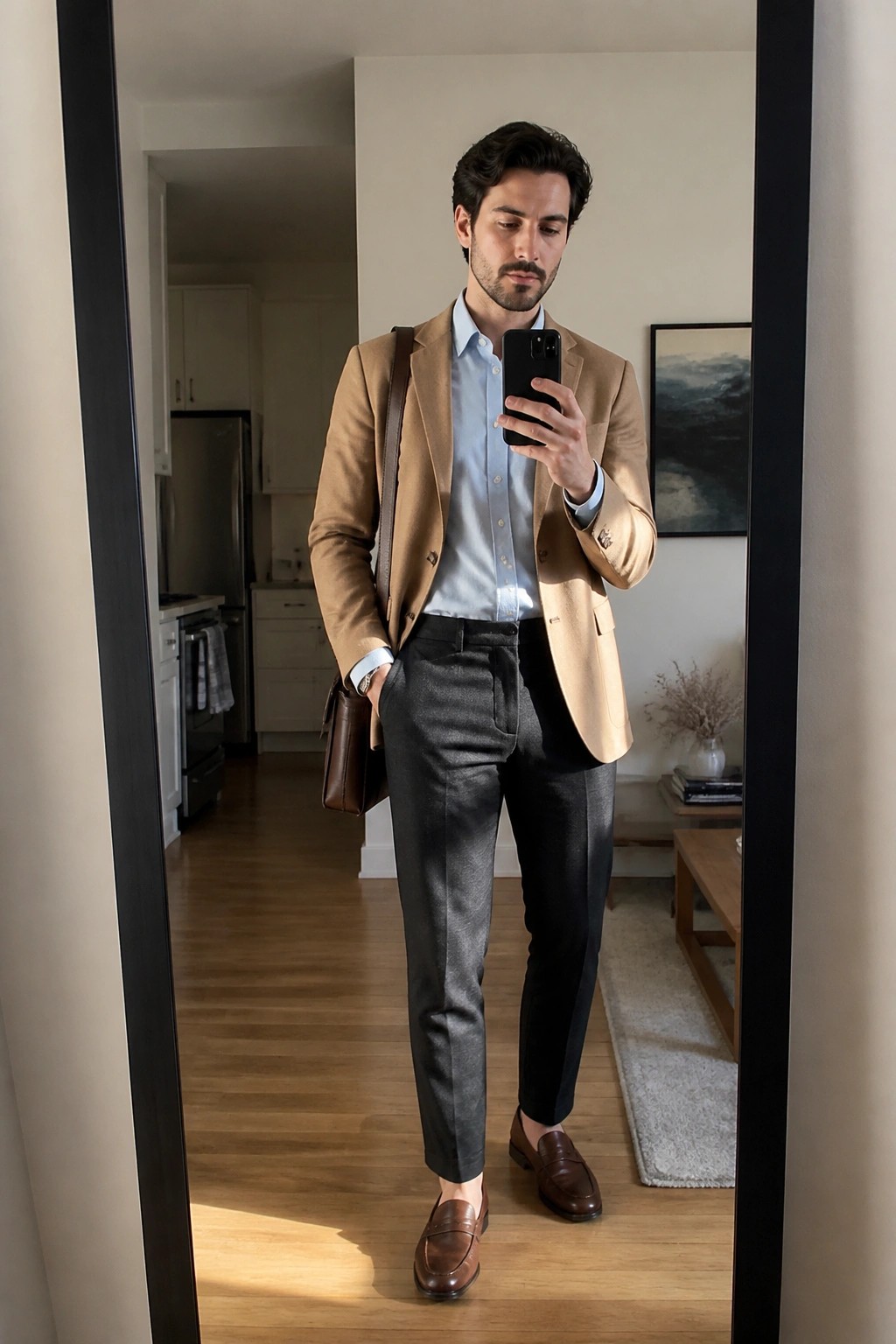 Man in tan blazer, blue shirt, and gray pants taking mirror selfie with leather bag