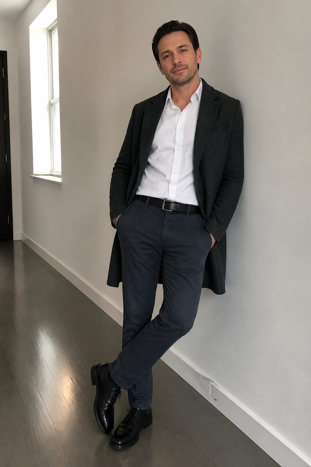 Man in dark blazer and white shirt leaning against white wall with hands in pockets