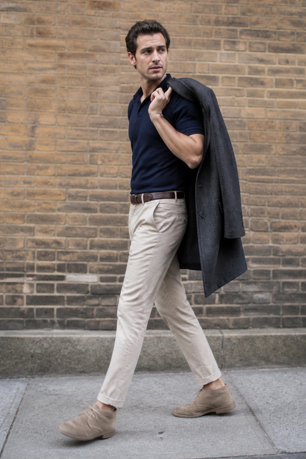 Man in navy polo shirt and beige pants carrying gray coat on brick sidewalk
