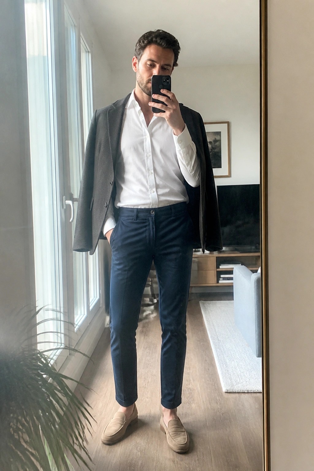 Man wearing an open gray blazer over a white button down shirt with navy chinos and beige suede loafers while taking a mirror selfie in a living room.