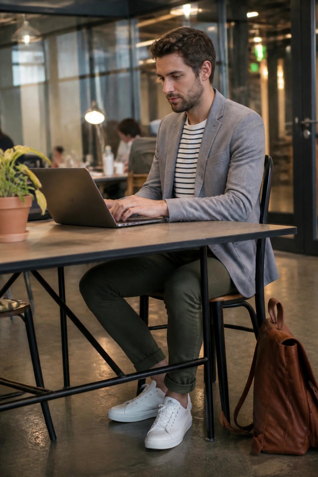 Man in gray blazer over striped shirt types on laptop beside brown backpack.